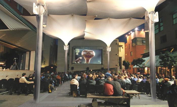 During summer months, the square is used as an open air cinema.