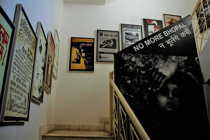 Staircase, Remember Bhopal Museum: Posters by activists; Raghu Rai’s symbolic poster on the right