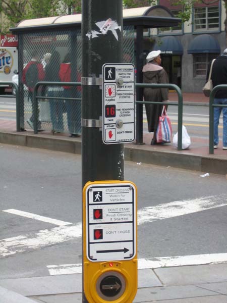 Busy intersections benefit from pedestrian controlled buttons and assist blind persons to cross through sound and vibration signals