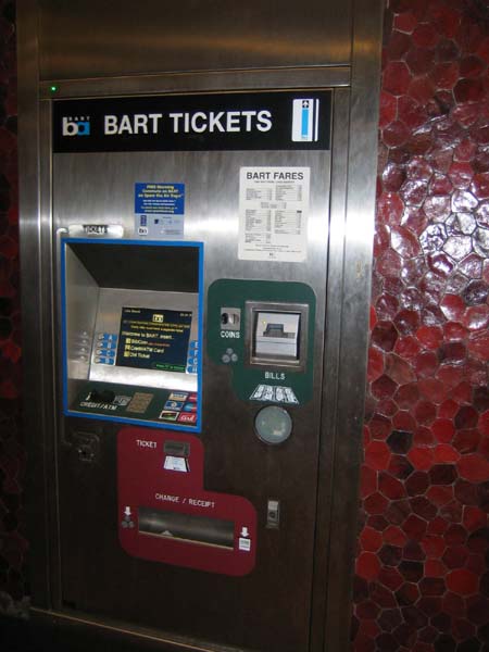 Ticket vending machines should be low enough for use by wheelchair users and all short persons, as illustrated by the good design of this machine at a BART station in the San Francisco Bay area, USA.