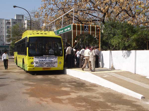 A prototype low-floor bus is tested in New Delhi adjacent to a platform the same height as the bus floor.