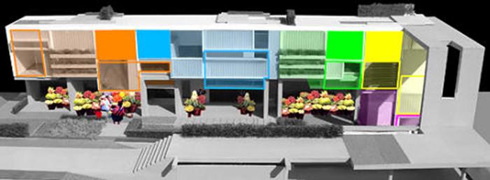 Teddy Cruz Casa Familiar projec: multiple programs are considered and expressed on elevation
