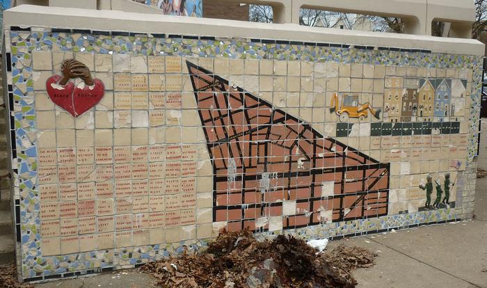 Mosaic depicting destruction of the Black Bottom neighborhood in West Philadelphia. 