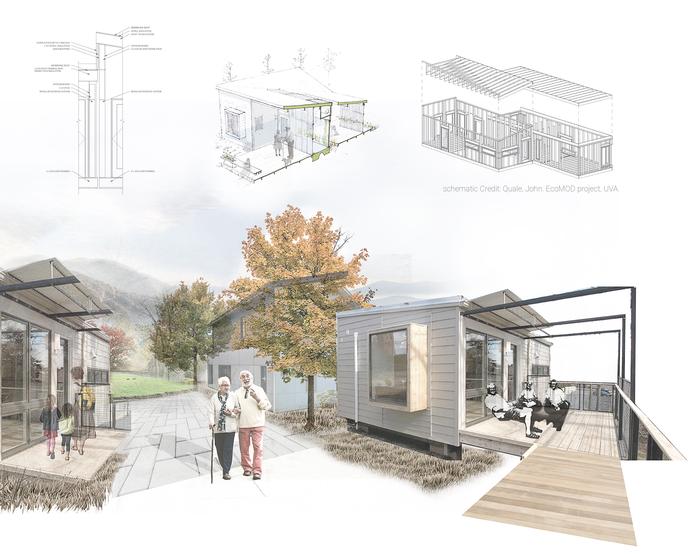 Appalachian Multigenerational Cohousing Community (original render) with ecoMOD schematics